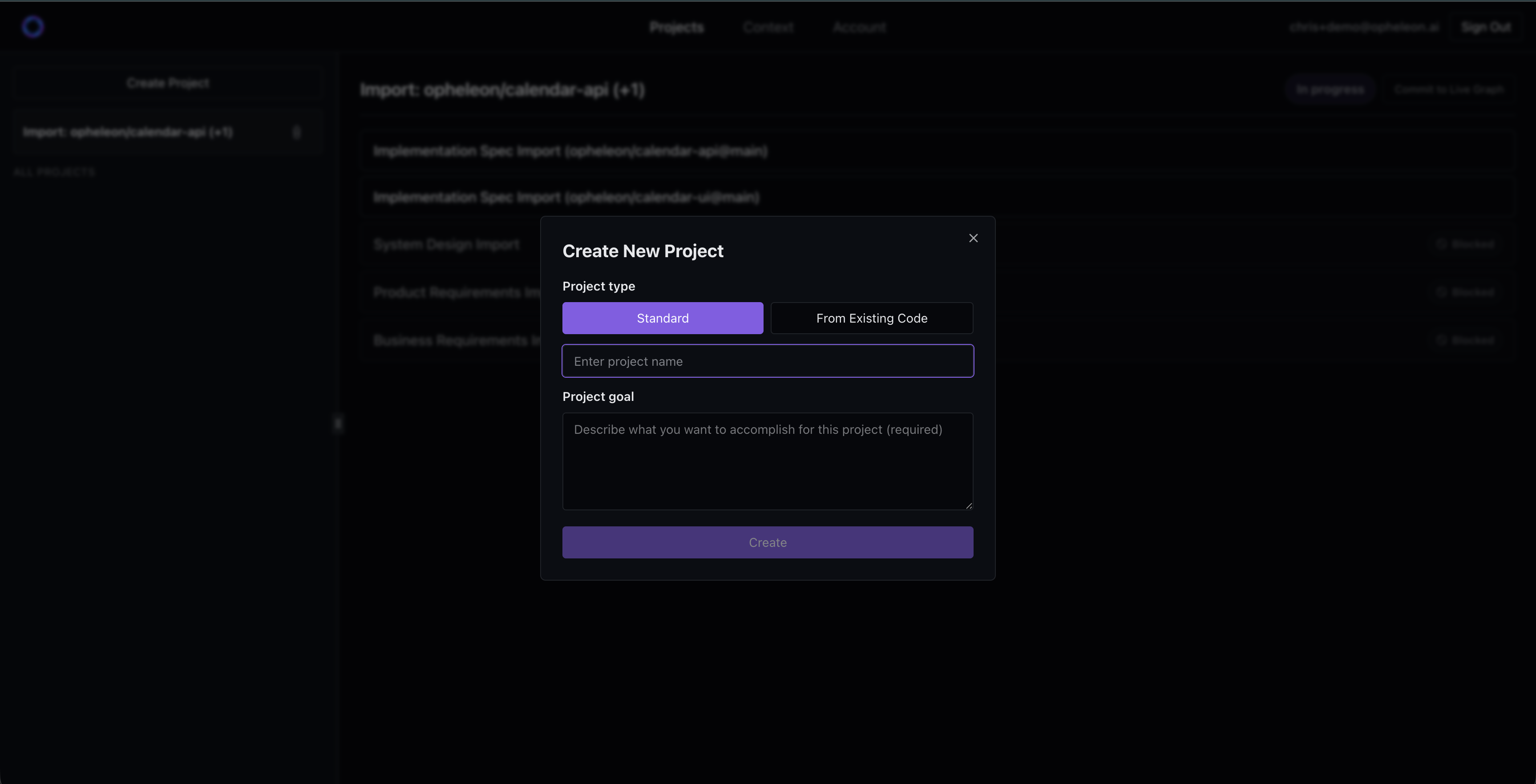 Create a standard project in Opheleon